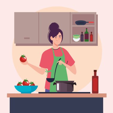 woman cooking with red tomatoes character