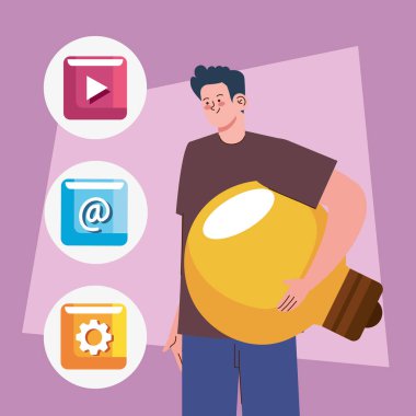 male designer with bulb character