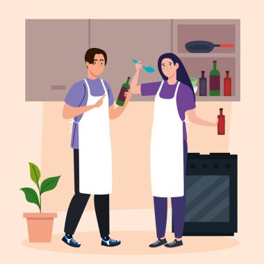 couple cooking with bottles characters