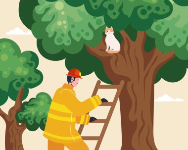 fireman rescuing cat in tree scene