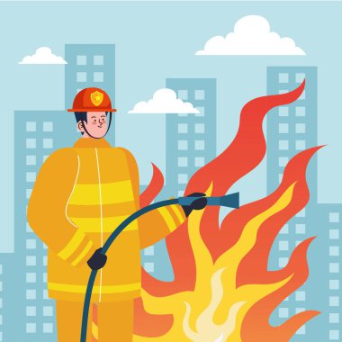 firefighter with hose on the city scene