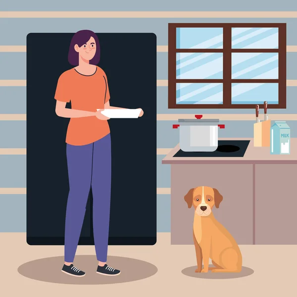 Woman Dog Kitchen Scene — Vector de stock