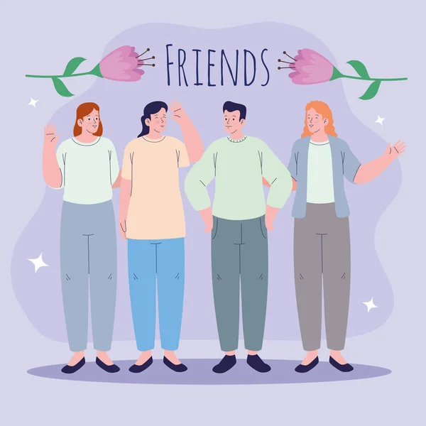Friends Lettering Four Persons Characters — Archivo Imágenes Vectoriales