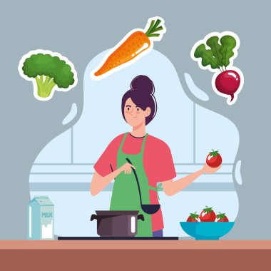 woman cooking vegetarian food character