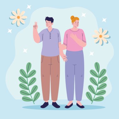 friends couple with floral decoration characters