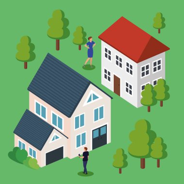 people and houses isometric style