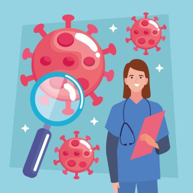 female doctor with covid19 particles icons