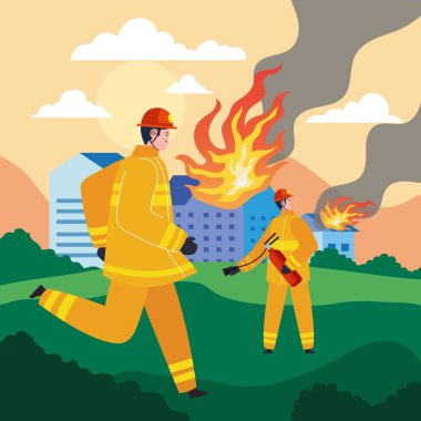 two firefighters with extinguisher scene