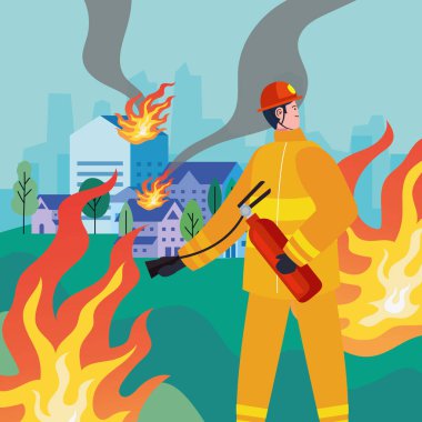 fireman putting out fire with extinguisher scene