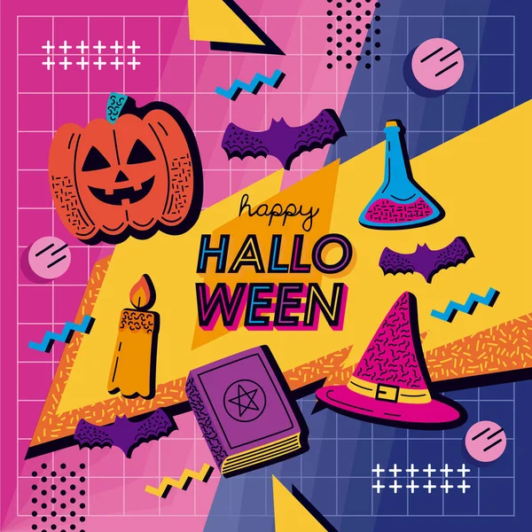 Feliz Halloween Letras Memphis Estilo Cartel — Vector de stock