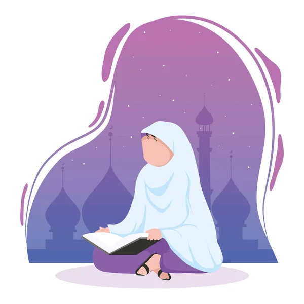 Muslim Girl Reading Koran Mosque Scene — Stock Vector