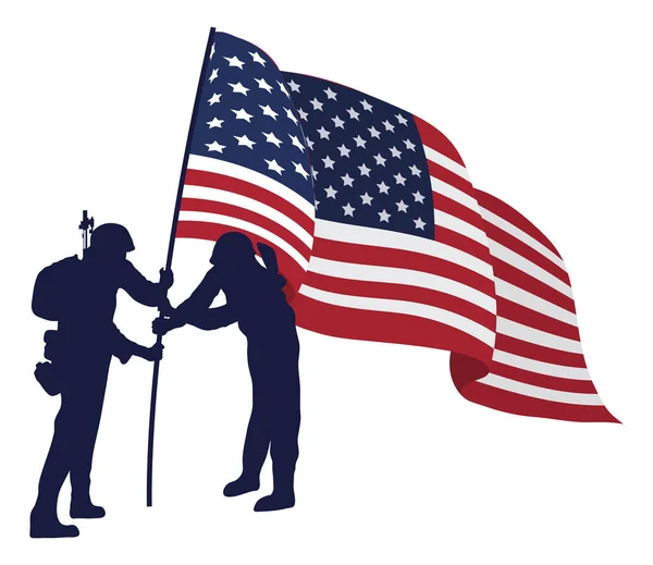 Żołnierze Flagą Usa Biegunie — Wektor stockowy