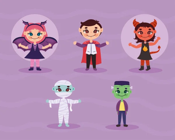 Halloween Niños Disfrazados Personajes — Vector de stock