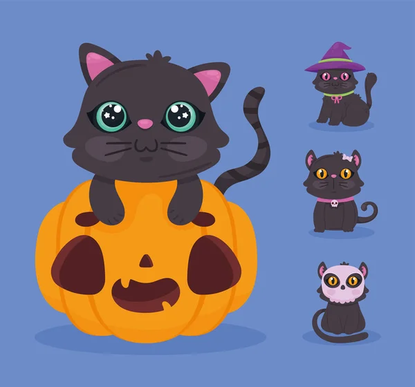 Four Halloween Cats Characters Group — Stock Vector