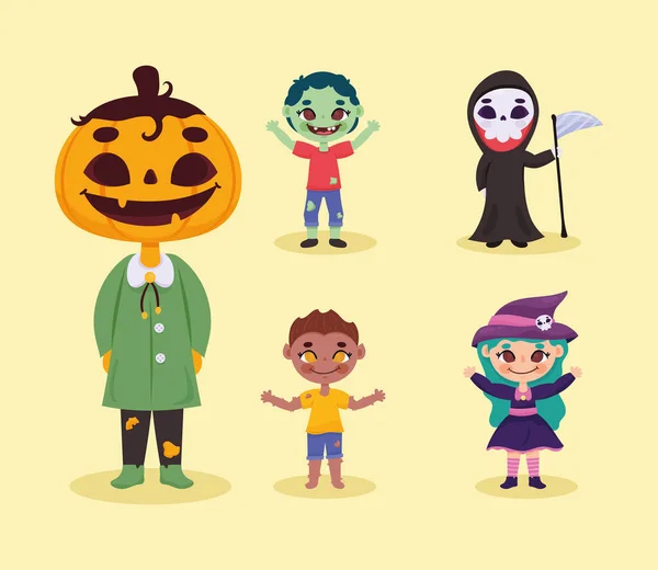 Halloween Fünf Kinder Verkleidungsfiguren — Stockvektor