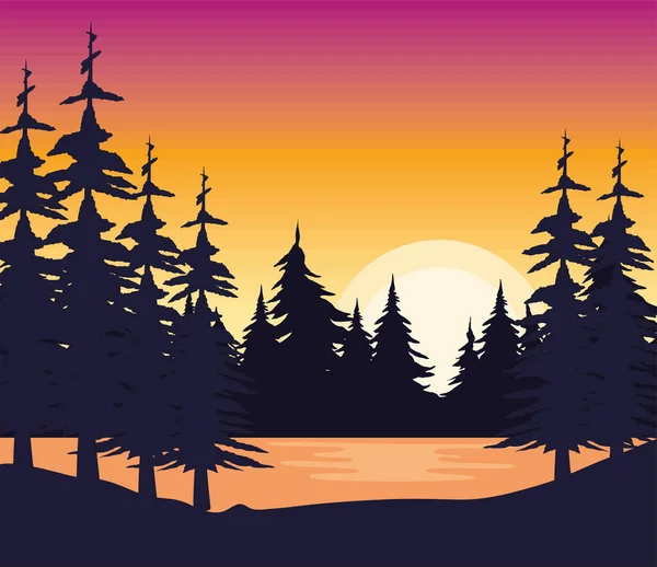 Pins Forêt Paysage Coucher Soleil Scène — Image vectorielle