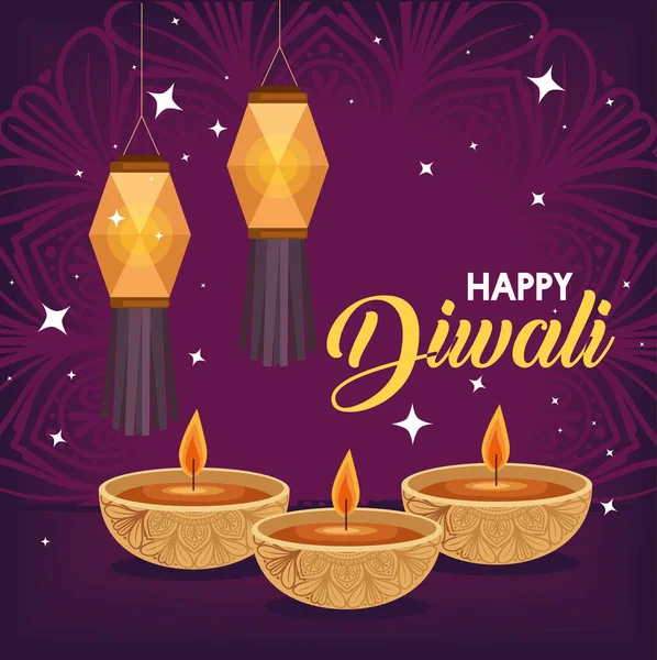 Happy Diwali Lettering Postcard Lanterns — Stock Vector