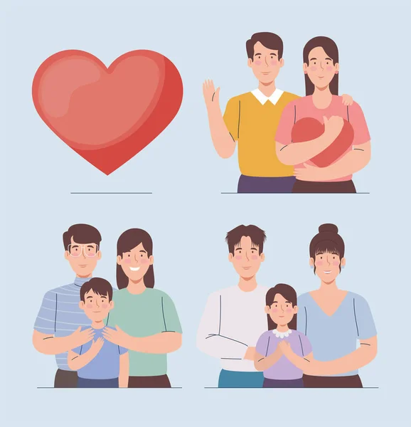 Koreli Aile Üyeleri Kalp Karakterleri — Stok Vektör