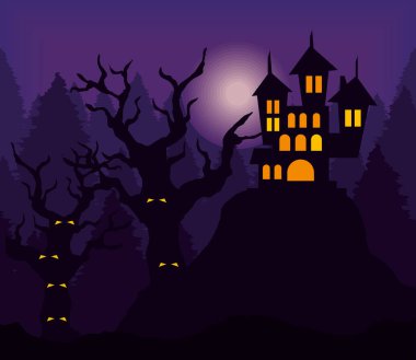 Lanetli orman ve kalenin Cadılar Bayramı sahnesi