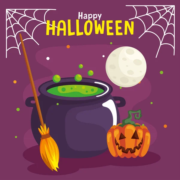 Happy Halloween Lettering Card Cauldron — Stock Vector