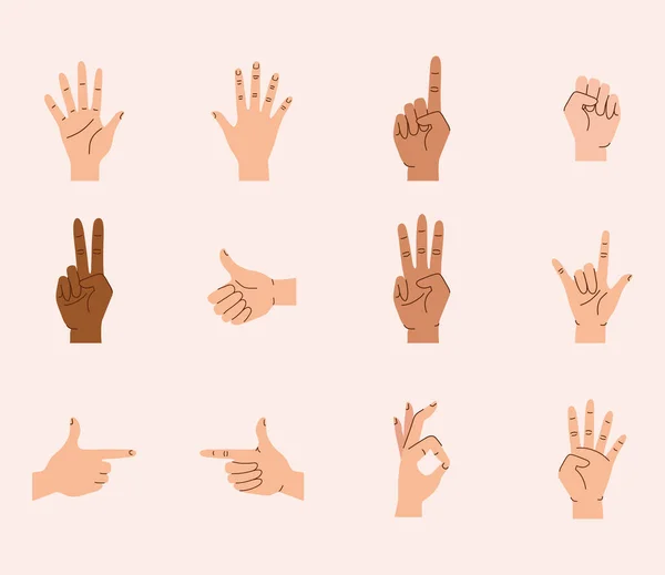 Doze Mãos Gestos Humanos Conjunto —  Vetores de Stock