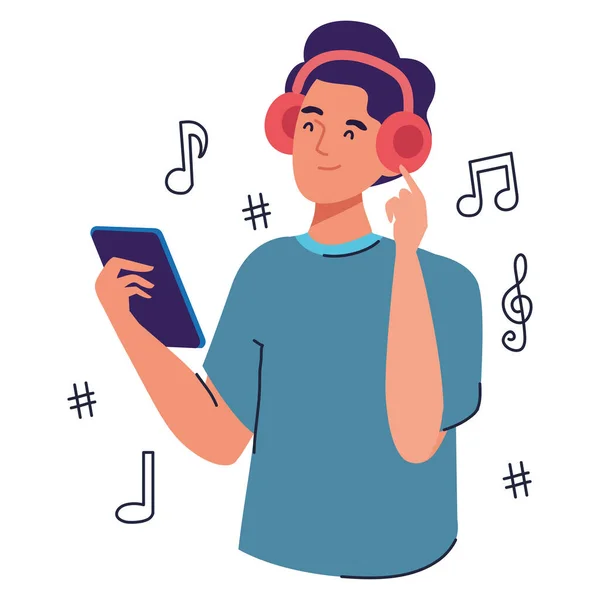 在智能手机里听音乐的男人 — 图库矢量图片