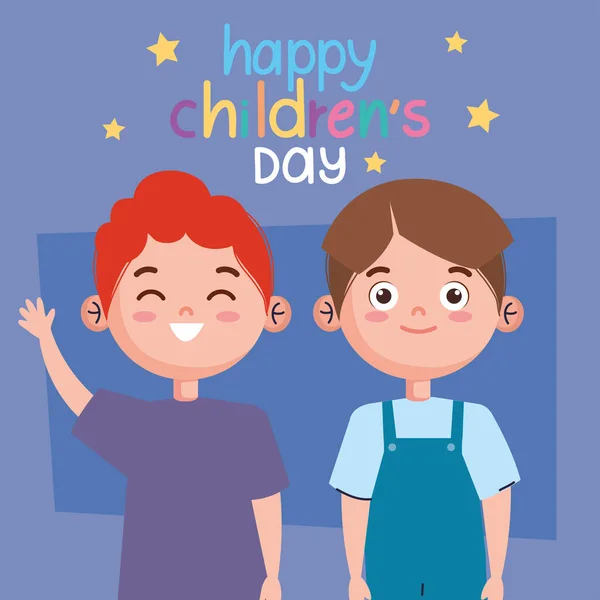 Happy Children Day Lettering Boys Characters — Stock Vector
