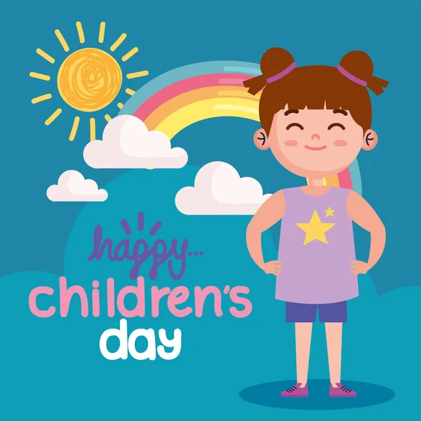 Szczęśliwy Dzieci Dzień Liternictwo Plakat Dziewczyna — Wektor stockowy