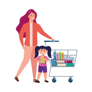 mom and daughter buying supplies characters