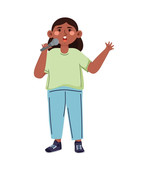 Afro Menina Cantando Com Microfone Personagem — Vetor de Stock