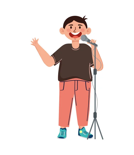 Menino Cantando Com Personagem Microfone — Vetor de Stock