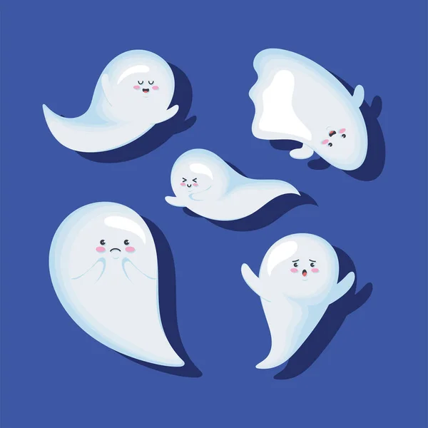 Cinco Fantasmas Halloween Personagens Cômicos — Vetor de Stock