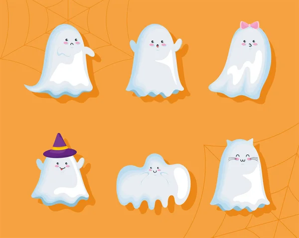 Seis Fantasmas Halloween Personagens Cômicos — Vetor de Stock