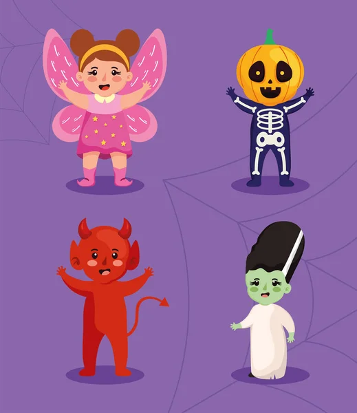 Fyra Barn Med Halloween Tulltecken — Stock vektor