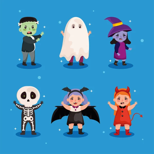 Έξι Παιδιά Halloween Customs Χαρακτήρες — Διανυσματικό Αρχείο