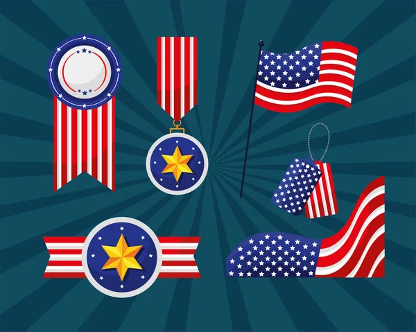 Sei Bandiere Degli Stati Uniti Emblemi Set Icone — Vettoriale Stock