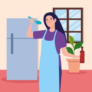 Kadın yemek ve buzdolabı sahnesi