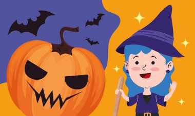 Cadılar bayramı cadısı, yarasalar ve balkabağı karakteri.