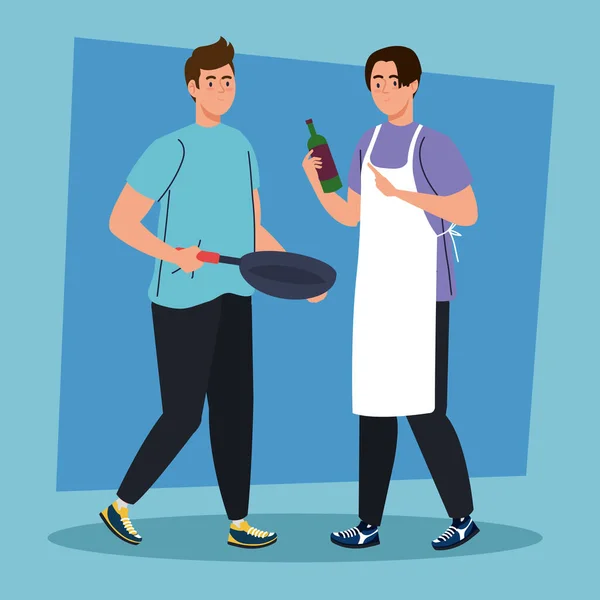 Uomini Che Cucinano Con Personaggi Padella — Vettoriale Stock