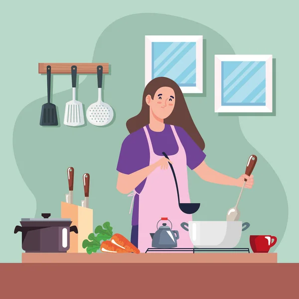 Woman Cooking Vegetables Character — Vector de stock