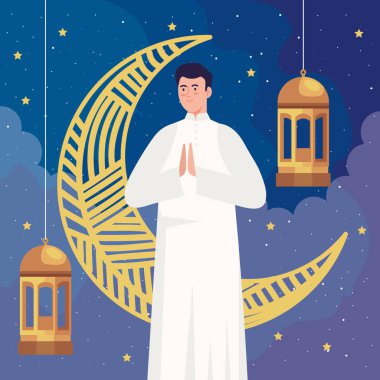 Müslüman adam ay sahnesiyle dua ediyor