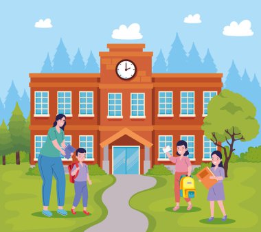 Öğretmenli okul binası ve çocuk sahnesi