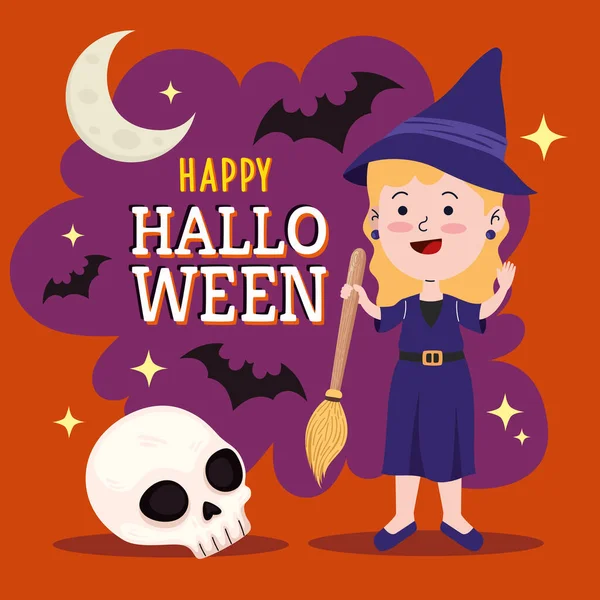 Feliz Halloween Letras Con Bruja Escoba Cartel — Vector de stock