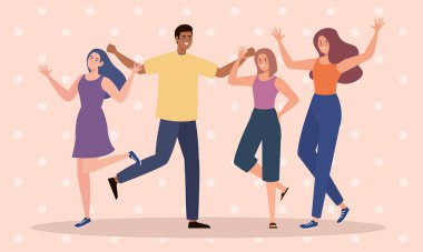 İnsanlar mutlu karakterlerle dans ediyor.