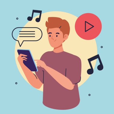 Akıllı telefonu ve müzik karakteri olan bir adam.