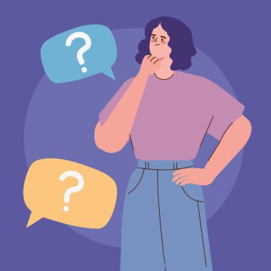 Baloncuk karakterli soru işaretli kadın