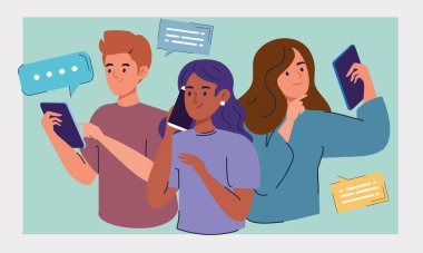 Akıllı telefon ve konuşma balonu karakterleri kullanan insanlar