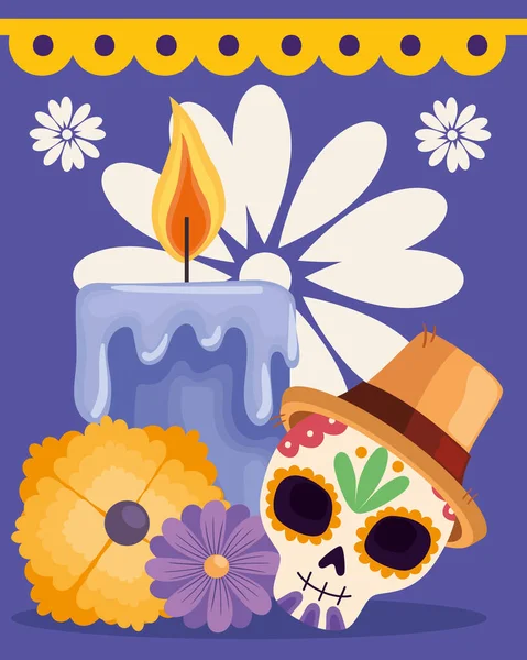 Dia Los Muertos Skull Flowers Decoration Poster — Stock Vector