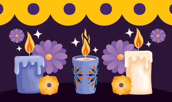 Dia Los Muertos Candles Floral Decoration Poster — Stock Vector