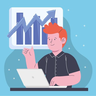 İş adamı dizüstü bilgisayar ve istatistik karakter kullanıyor